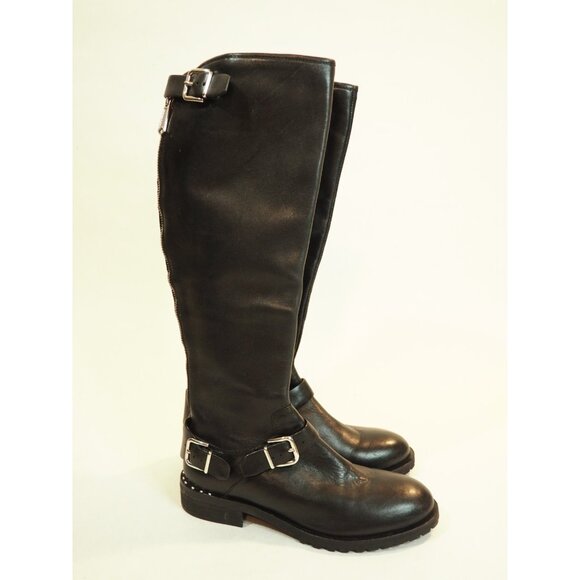 Donald Pliner Vive Black Leather Round Toe Knee High Motorcycle Boots, Size 6 US - Picture 1 of 12